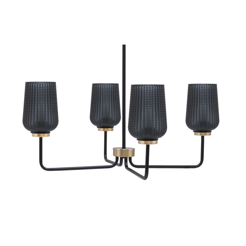 Lustre 4 lumières Amarmula, noir mat et laiton vieilli, verre texturé fumé 5 po, Transparent/noir, Noir/laiton