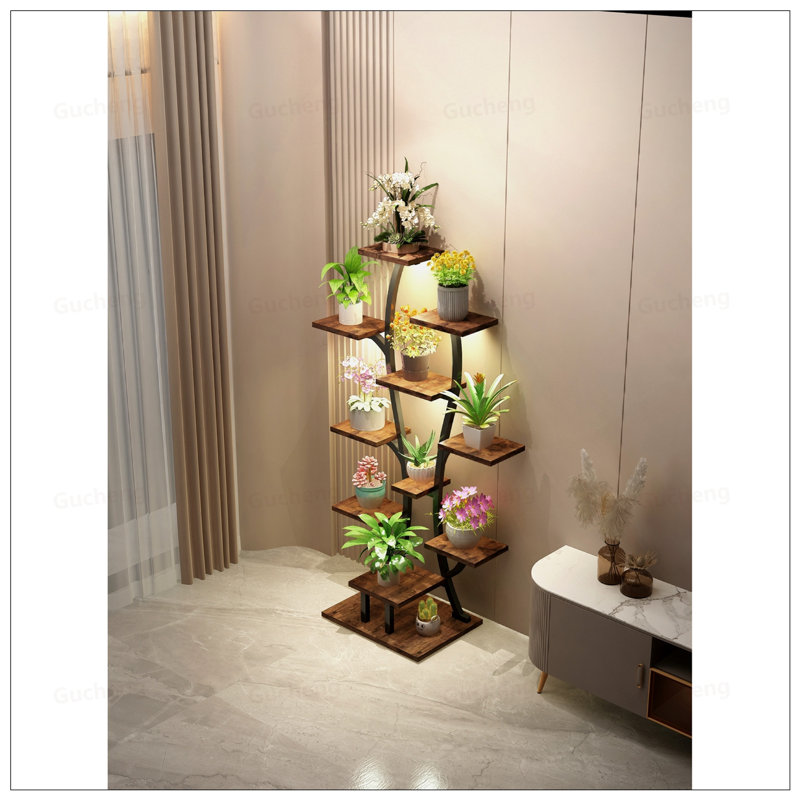 Support pour plante d'intérieur avec lumières de culture à spectre complet, étagère en forme d'arbre en métal pour la maison et le patio, support à vases multifonctionnel