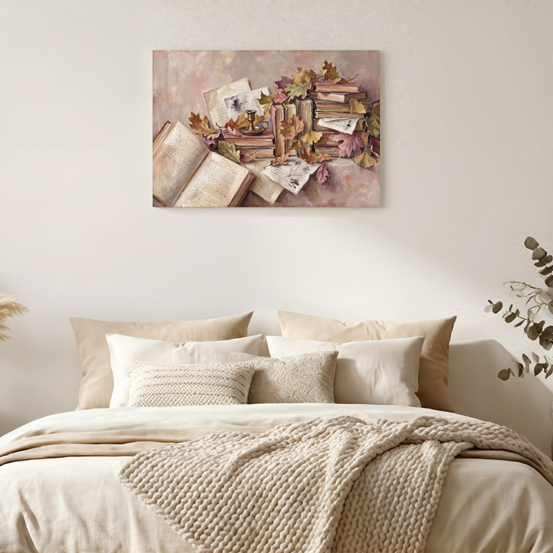 Impression sur toile livres empilés et feuilles d'automne avec chandelier, H 24 po x l 36 po
