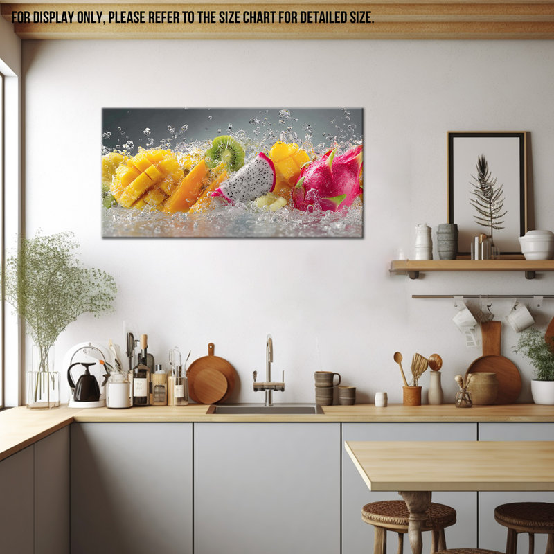 Grand fruit Duran - impressions sur toile vibrantes, décoration murale pour la salle à manger, œuvre de fruits à éclaboussures dynamiques pour le mur de la cuisine, impression sur toile tendue avec cadre en pin, 24 po x 48 po