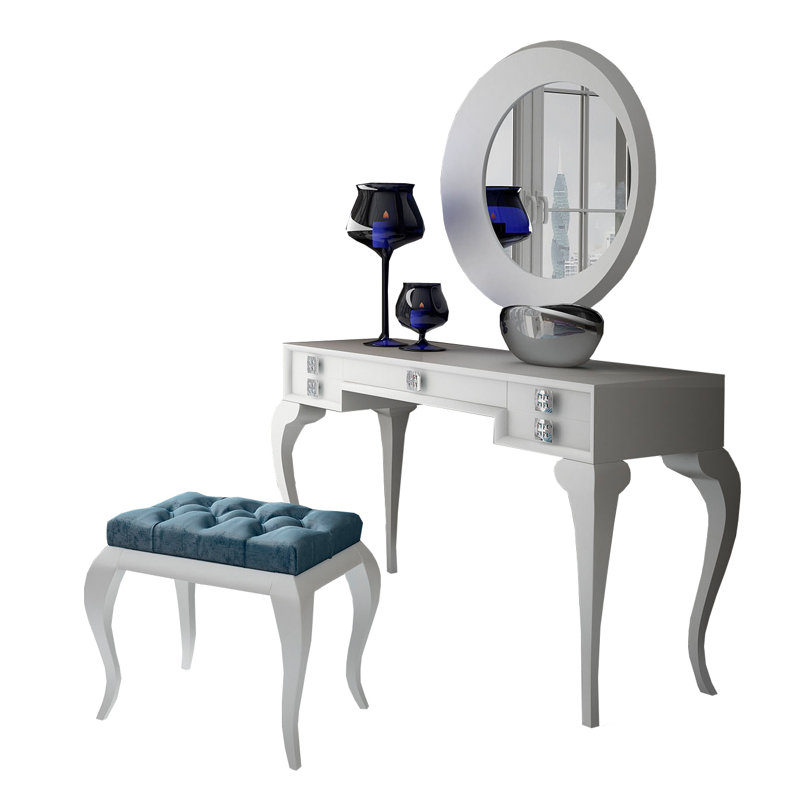Ensemble de coiffeuse pour la chambre à coucher avec miroir Kirkwood, Blanc brillant