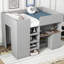 Lit mezzanine double en bois avec garde-robe intégrée, bureau, tablettes de rangement et tiroirs-2027929500