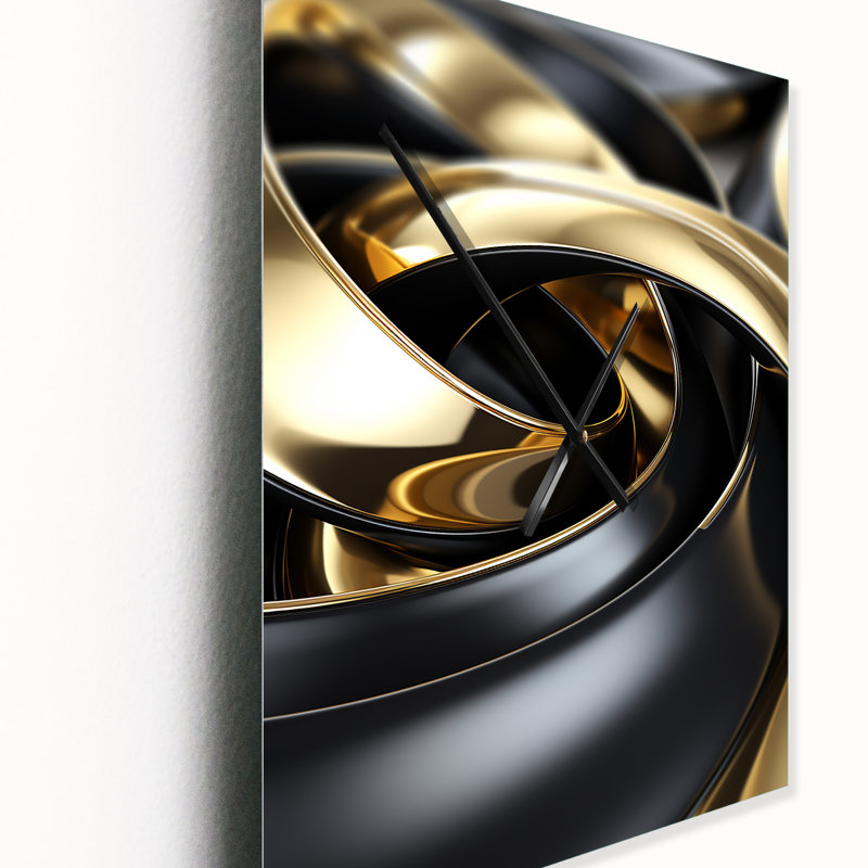 Horloge murale abstraite à spirale abstraite, or liquide et noir II, H 32 po x l 16 po x P 1 po