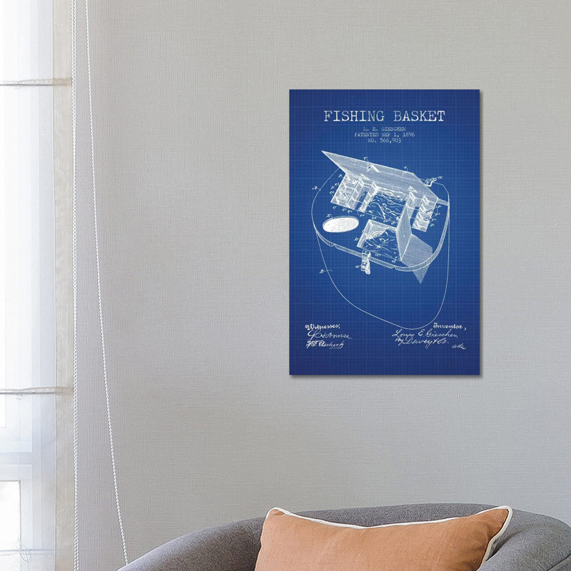 L.E. Gieshen Fishing Basket Patent Sketch (Blue Grid) by Aged Pixel - Wrapped Canvas Print