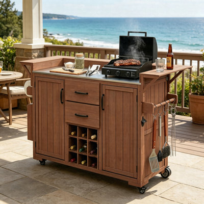 60.2" Outdoor Kitchen Island Cart With Wheels, Rolling BBQ Grill Cart With Stainless Steel Top, Solid Wood Patio Prep Table With Drawers, Spice Rack & Wine Rack