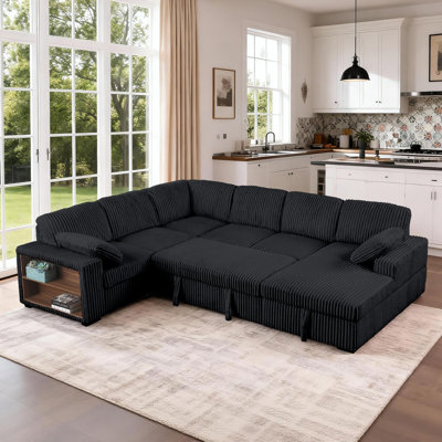 Aldora Oversized Corduroy U-Shaped Sectional Sofa Bed Pull Out Sleeper Couch With Large Storage Chaise For Living Room by Latitude Run