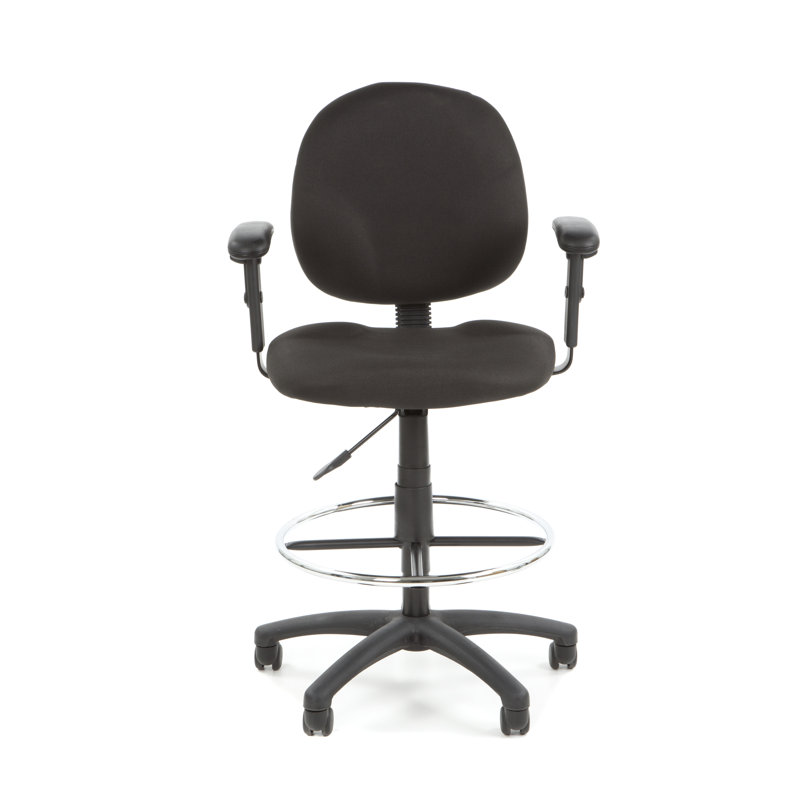 Black Ergonomic Fabric Drafting Stool with Adjustable Arms