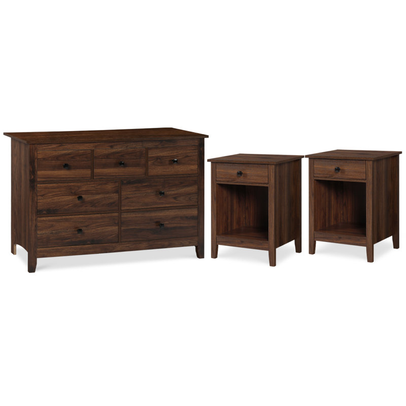 Ensemble de meubles de chambre à coucher 3 pièces avec commode 7 tiroirs et 2 tables de chevet Dundald, Brun