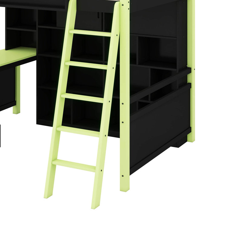 Designs Full Size Gaming Loft Bed With Built-In Desk & LED Lights, Wooden Loft Bed With Wardrobe & Drawer, Black/Green
