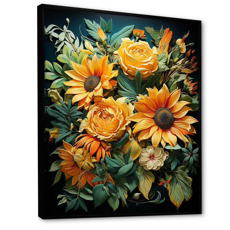 Beauté réaliste des tournesols sur toile, Cadre flottant noir, H 44 po x l 34 po x P 1,5 po
