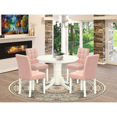 L'ensemble de table de salle à manger 5 pièces comprend une table de salle à manger et 4 chaises rembourrées en tissu de polyester rouge beige avec dossier élégant - finition lin blanc