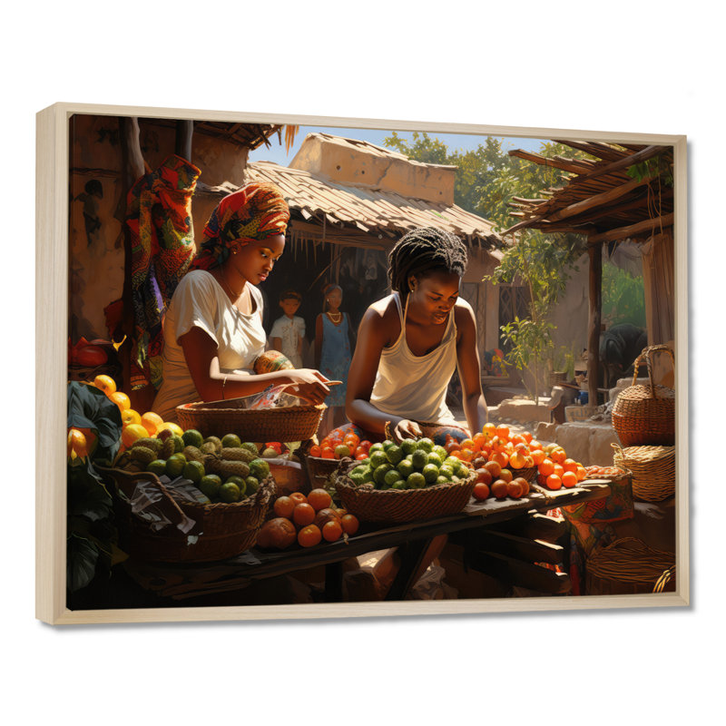 «African Vibrant Market I», reproduction d'art sur toile, Cadre flottant érable, H 34 po x l 44 po x P 1,5 po
