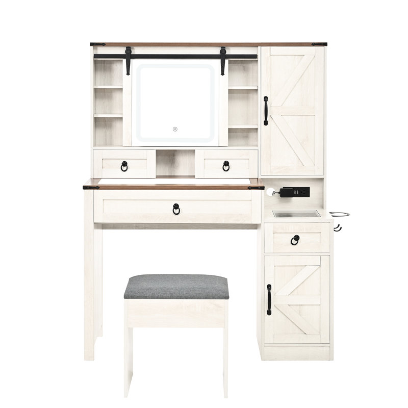 White Vanity With Movable Led Mirror, Brightness Adjustment, Glass Top, Charging Outlet, 4 Drawers, 2 Cabinets And Stool - Bedroom Dressing Solution Dimming, Furniture