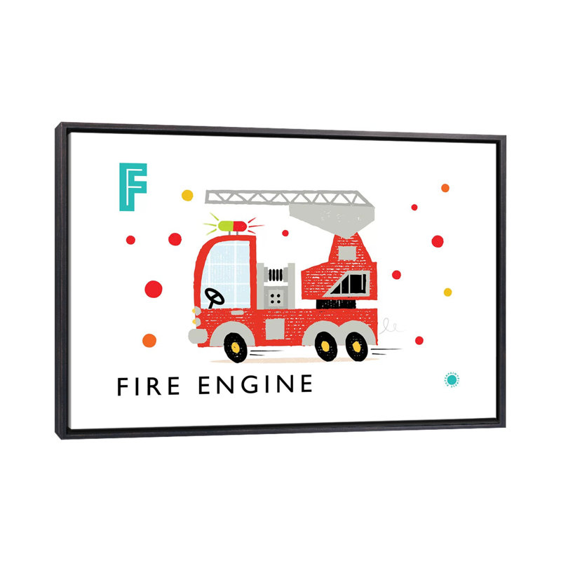 F Is for Fire Engine - impression d'art graphique, Toile avec cadre noir patiné, H 40 po x l 60 po x 1,5 po, Pas de tapis