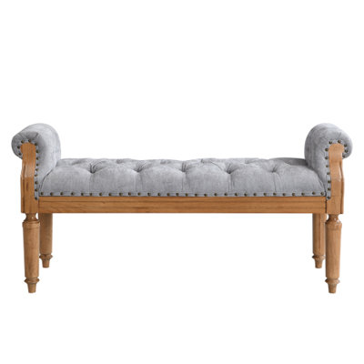 Banc rembourré de style Mid-Century, 127 cm (50 po), en bois massif, avec accoudoirs arrondis et garniture cloutée, revêtement en lin, gris.