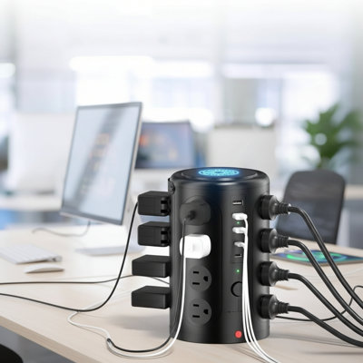 Multiprise 6 pi avec 16 prises et 5 ports USB | Protection contre les surtensions | Station de charge rapide | Conception verticale peu encombrante | Argent