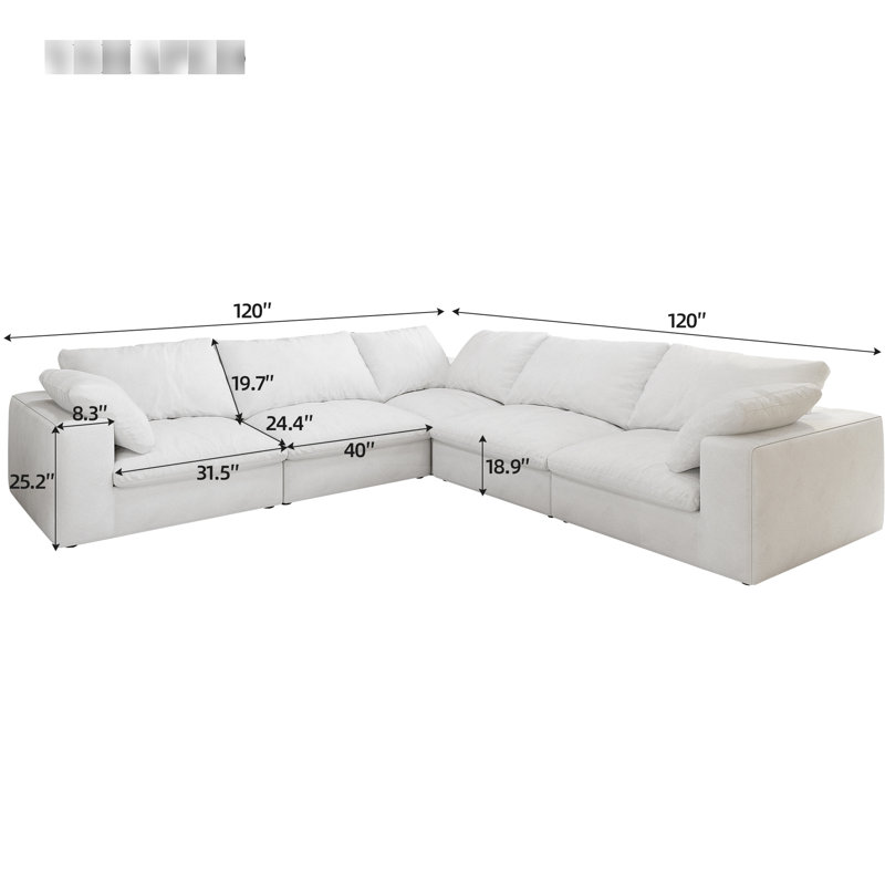 Canapé modulaire 160 po Cloud - rembourré en duvet, 5 places, blanc, rembourré en V, rembourré de mousse