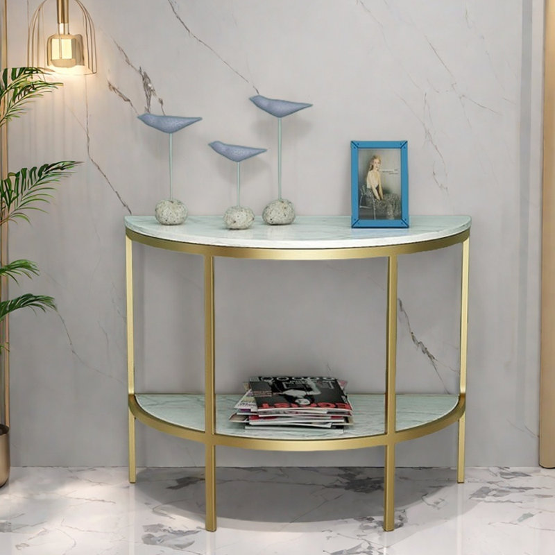 Minimalist Modern Double-Layer Console Table, Golden, 31.5" H x 31.5" W x 15.7" D, White