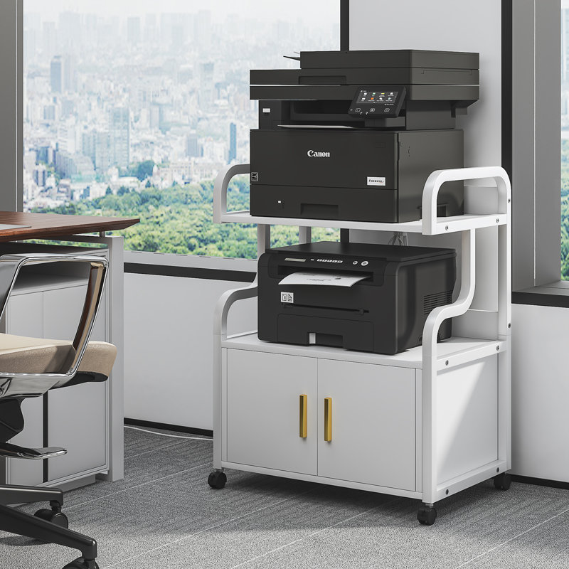 2 Tier Large Printer Stand With Cabinet Power Outlet, Printer Table With Storage Shelf, Rolling Printer Cart With Wheels For Home Office