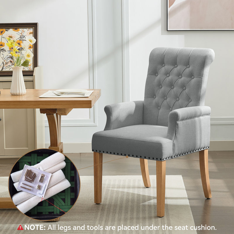 Tufted Upholstered High Back Dining Armchair, Linen, Light Gray Linen