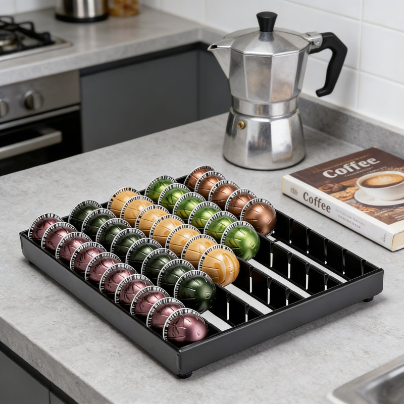 Organisateur de tiroir à dosette pour capsules de café Nespresso Flagship Vertuo - Solution de rangement pour comptoir ou armoire peu encombrante d'une capacité de 50 dosettes