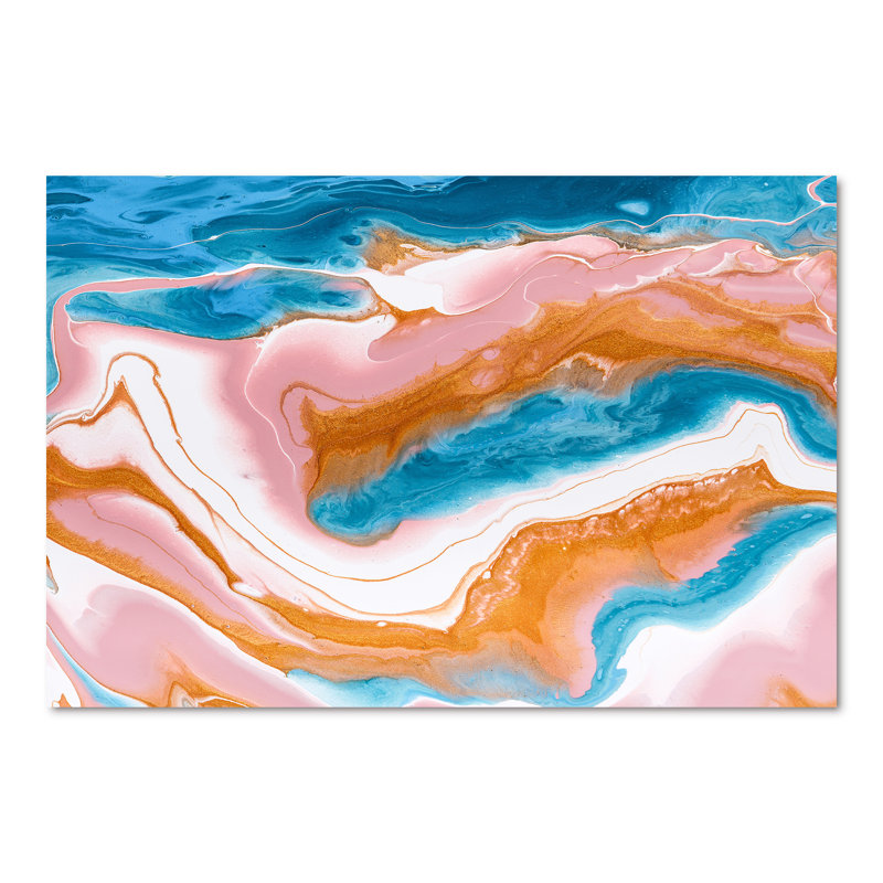 Orange orange bleu et rivières en marbre blanc - peinture sur toile, H 40 po x l 60 po, Toile tendue