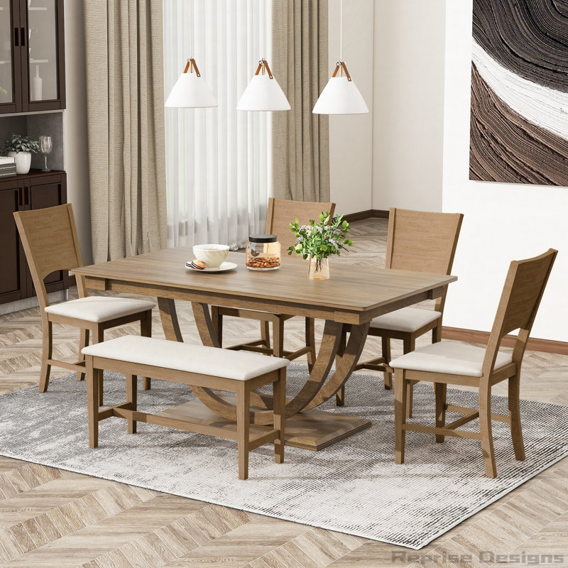 Ensemble de 6 tables de salle à manger en bois 6 pièces avec banc long et 4 chaises, style moderne, Brun