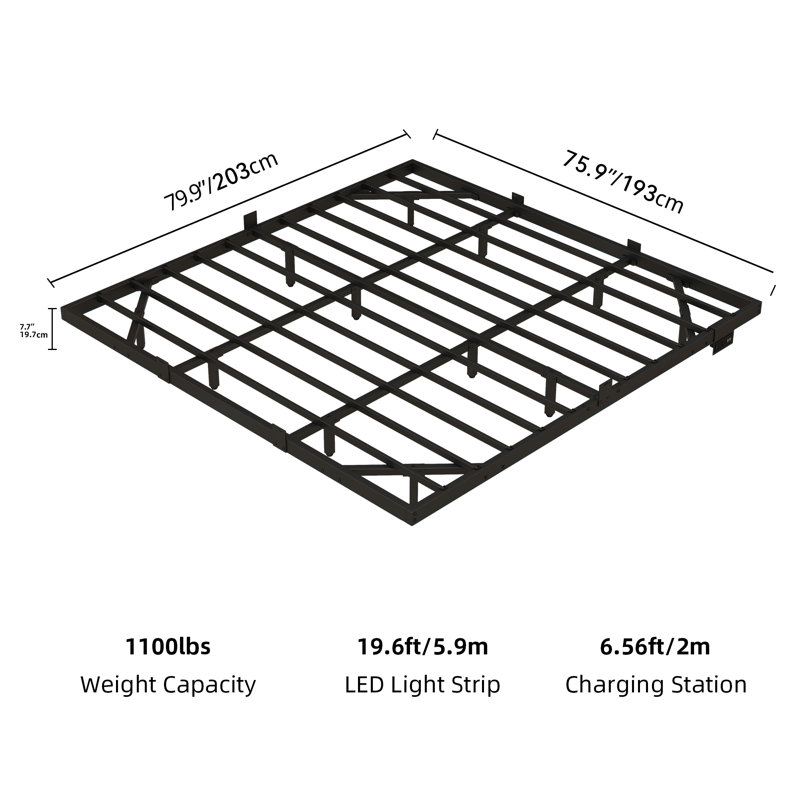 King Black Metal Floating Bed Frame with LED Lights and Charging Station