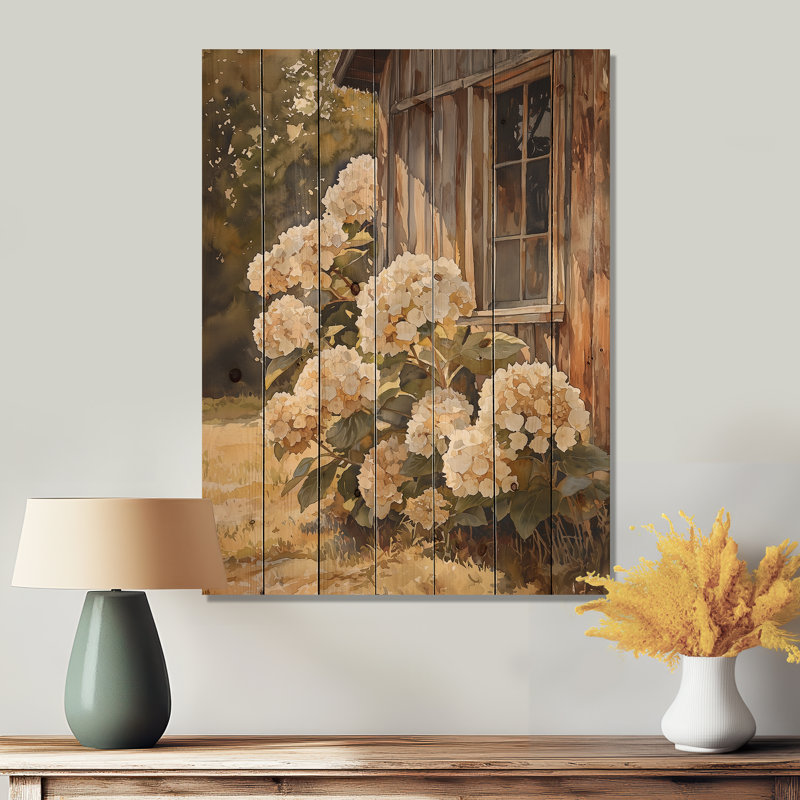 Hortensias dans le poulailler - Art mural en bois d'hortensias - sur bois de pin naturel, H 20 po x l 10 po x P 0,78 po