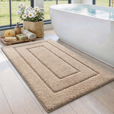 Tapis de salle de bain, tapis de bain lavable antidérapant pour plancher de douche, très grand tapis de bain doux absorbant avec envers en caoutchouc, tapis en microfibre à séchage rapide (beige)
