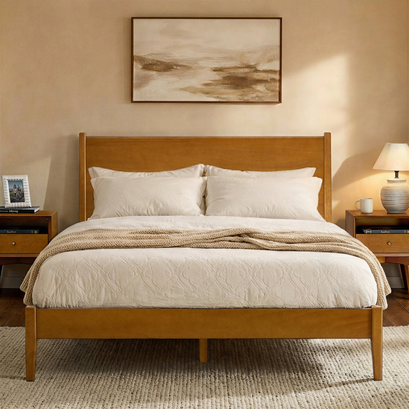 Lit en bois massif de style Mid-Century avec tête de lit moelleuse Boneva, Gland, Grand lit