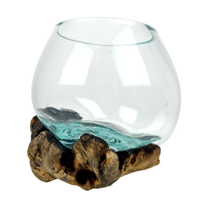 Vase / terrarium décoratif en verre flotté sur bois de teck