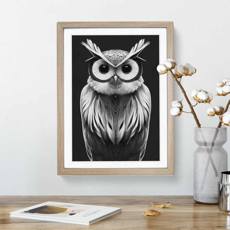 Owl in Monochrome No.6 - Framed Print, 34cm H x 25cm W x 2cm D, Oak