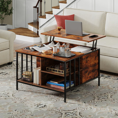 Table basse à plateau relevable de 32,4 po de largeur avec rangement - Finition en bois rustique et structure en métal robuste - Table de salon multifonctionnelle