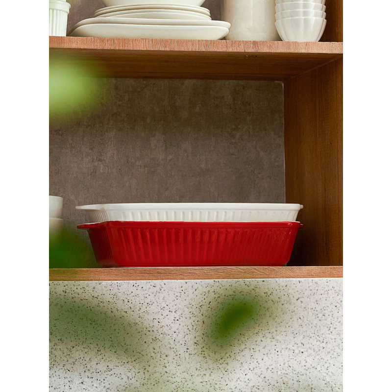 13" Ceramic Baking Dish - Modern Rectangular Casserole Pan, Red