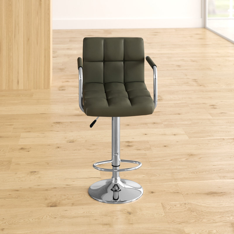 Caylee Swivel Upholstered Adjustable Height Bar Stool with Stainless Steel Frame, Chrome/Grey