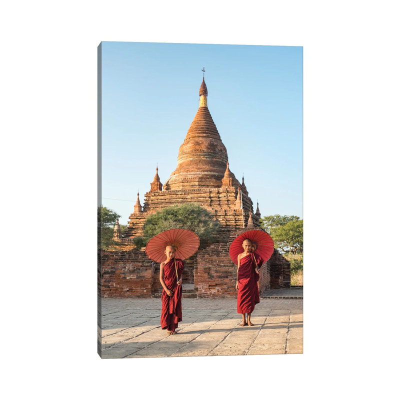 Two Young Novice Monks with Red Umbrellas Standing in Front of A Temple, Bagan, Myanmar 1 Piece Wrapped Canvas Wall Art
