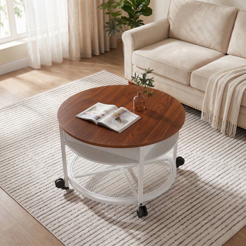 Lift Top Round Coffee Table With Rgb Led Lights, Rolling Storage Table With Lockable Casters For Living Room, Brown/White