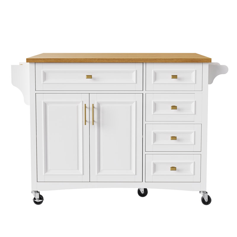 Luminique 52'' Kitchen Island With Drop Leaf And 5 Drawers, White Duplicate 1