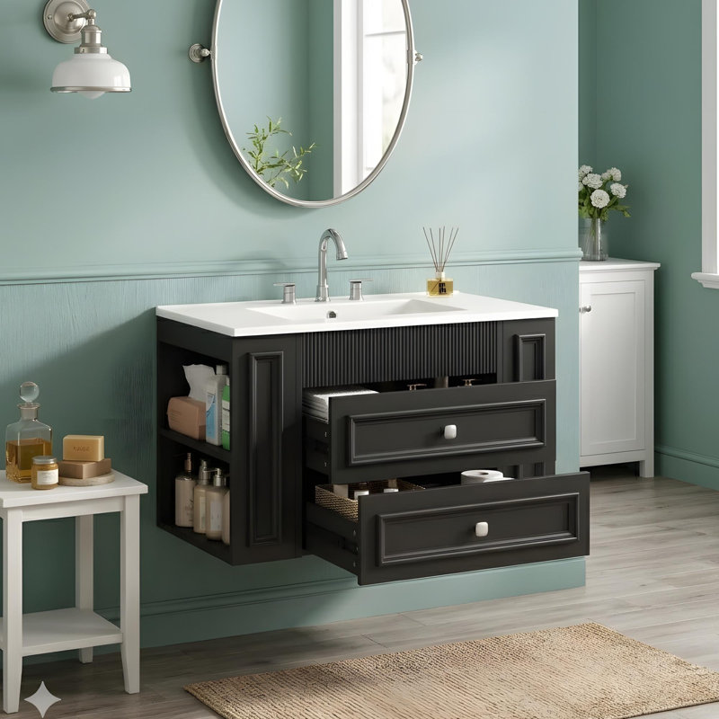 Meuble-lavabo mural avec tiroirs et tablettes, Noir