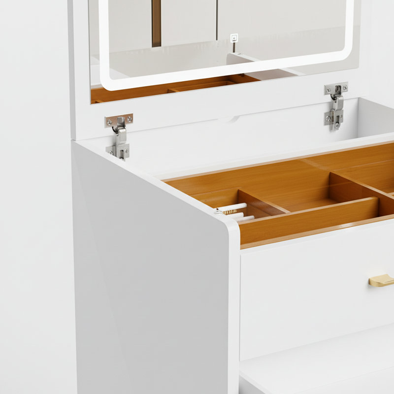 Meuble-lavabo blanc avec station de charge, miroir ouvert et plateau en verre