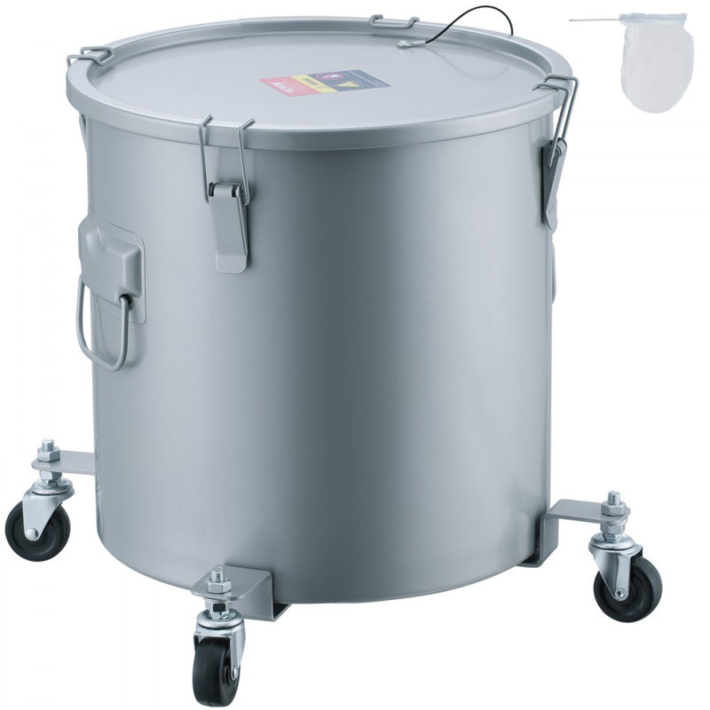 Fryer Grease Bucket, 16 Gal Oil Disposal Caddy with Caster Base, Carbon Steel with Rust-Proof Coating, Oil Transport Container with Lid, Lock Clips, Filter Bag for Hot Cooking Oil Filtering, Gray