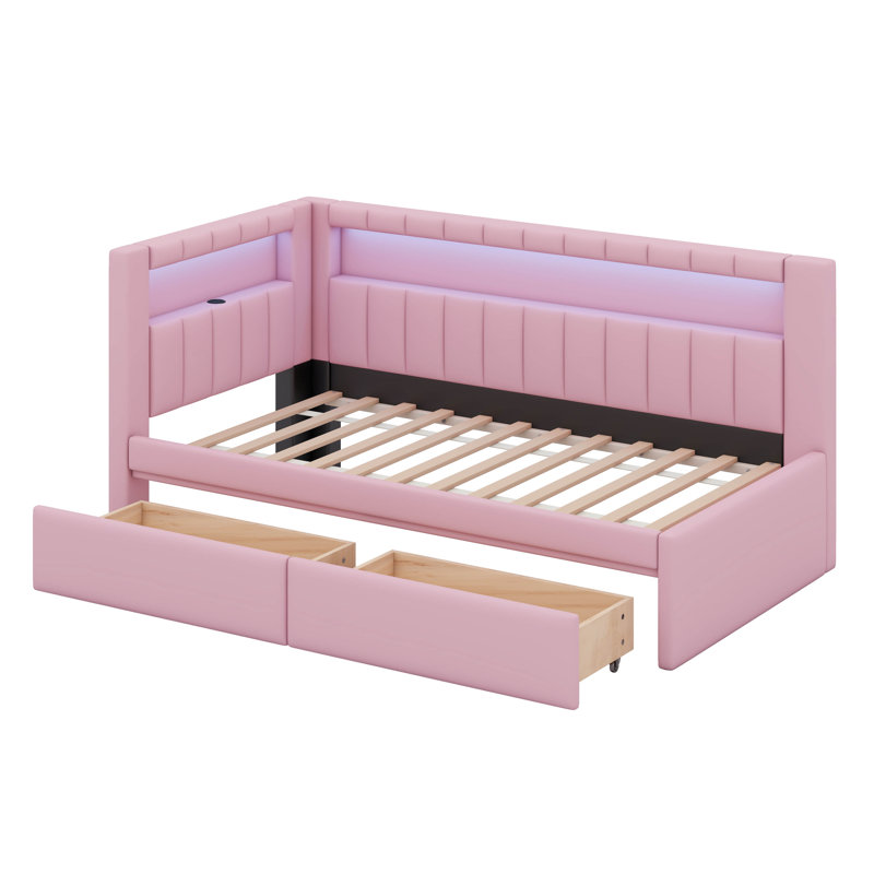 Lit de jour en L avec ports USB et 2 tiroirs de rangement, Lit simple, Pink
