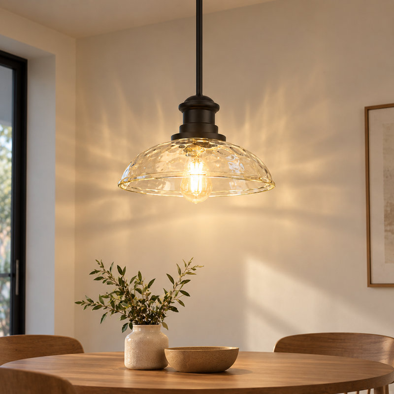 11 in. 1-Light Modern Pendant Light with Clear Hammered Glass Shade for Kitchen Island