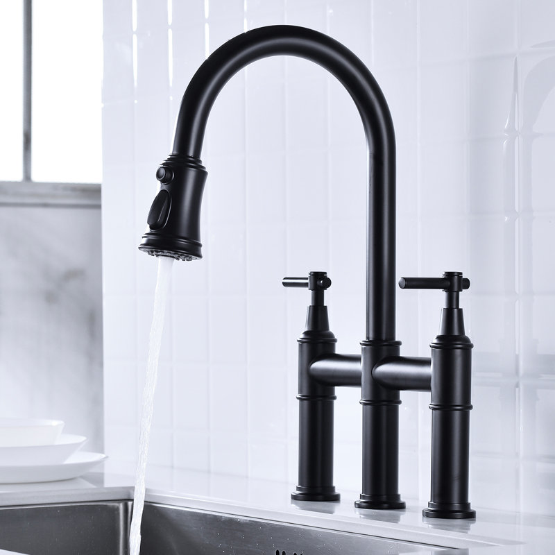 Matte Black Bridge Kitchen Faucet With Pull-Down Functionality - Dual Handle For Precise Flow And Temperature Adjustment 360 Rotating High Nozzle Enhanced Sink Space Quality Brass Material Durability