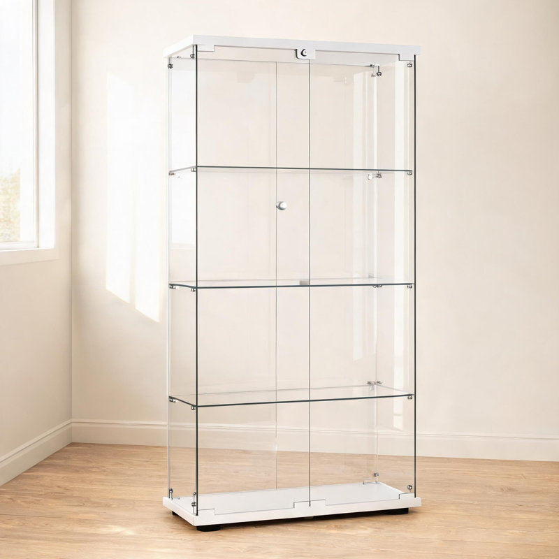 Élégante vitrine autoportante verrouillable sur pied en verre trempé à 4 tablettes Silhouette Clean
