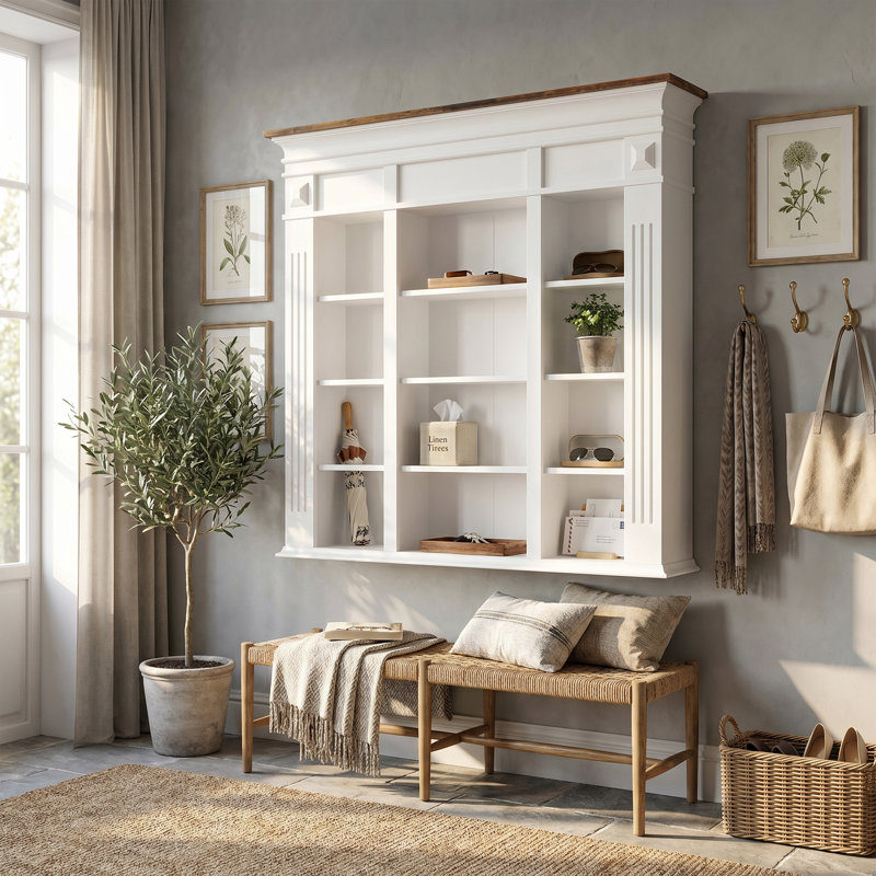 Vitrine murale avec 12 tablettes et dessus brun