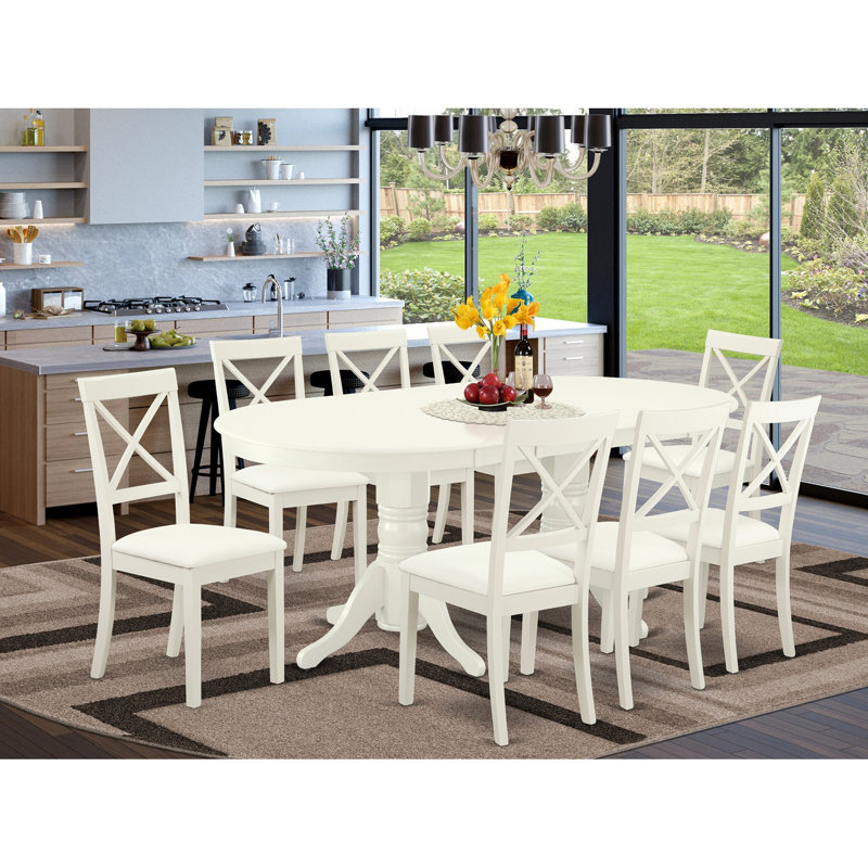 9 Piece Dining Set Includes an Oval Dining Room Table with Butterfly Leaf and 8 Faux Leather Kitchen Chairs, Linen White, 9