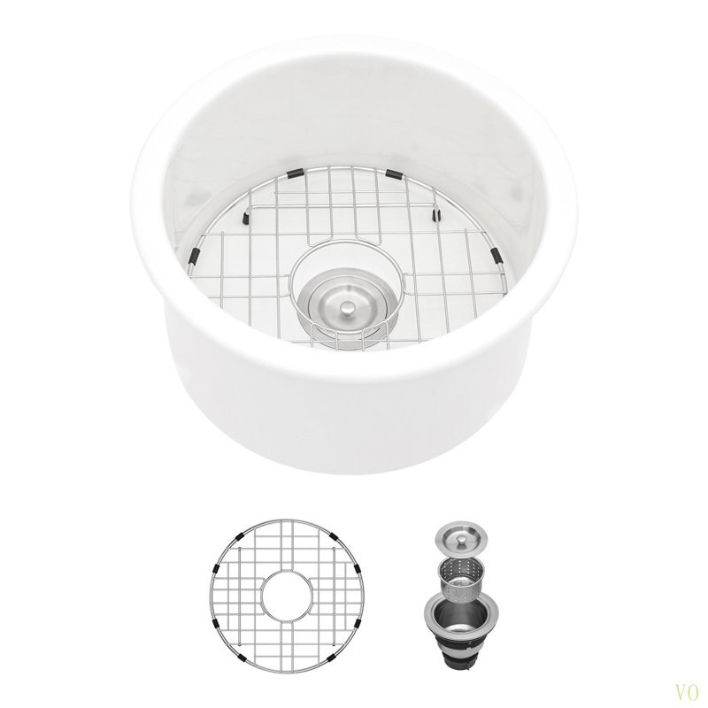 18 Inch Dual Mounted Single Bowl Ceramic Circular Kitchen Sink With Drain Assembly And Bottom Grid