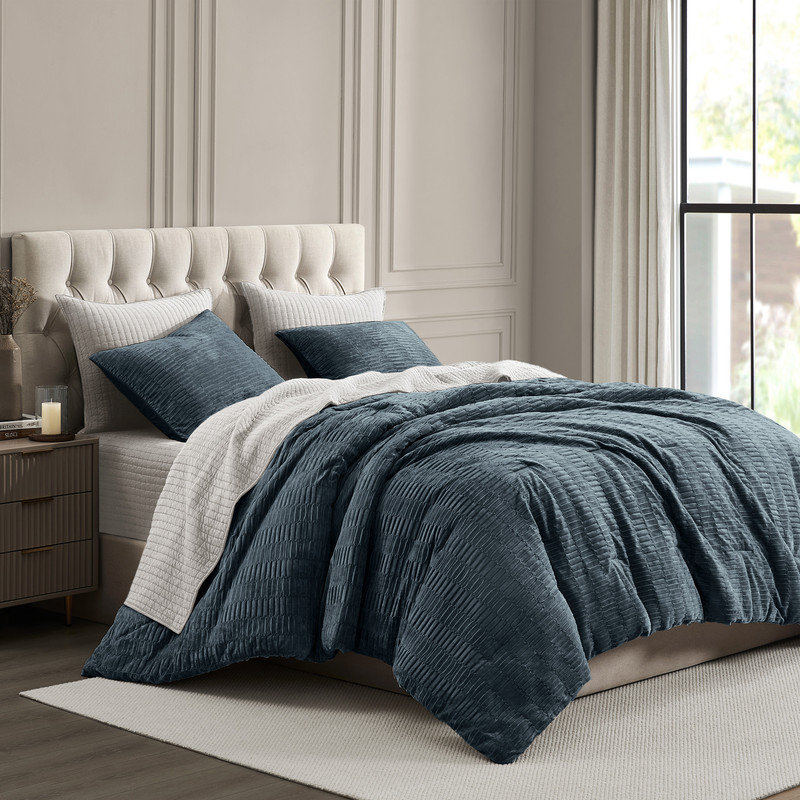 Wonderful Crinkle Crushed Velvet Comforter Set For All Season, Light Lake Blue, King Comforter + 2 Standard Shams